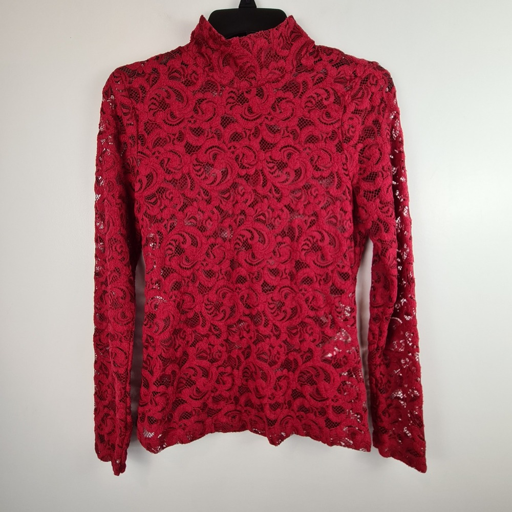 White House Black Market Dark Red Floral Lace Mock Neck Long Sleeve Top XS Sheer